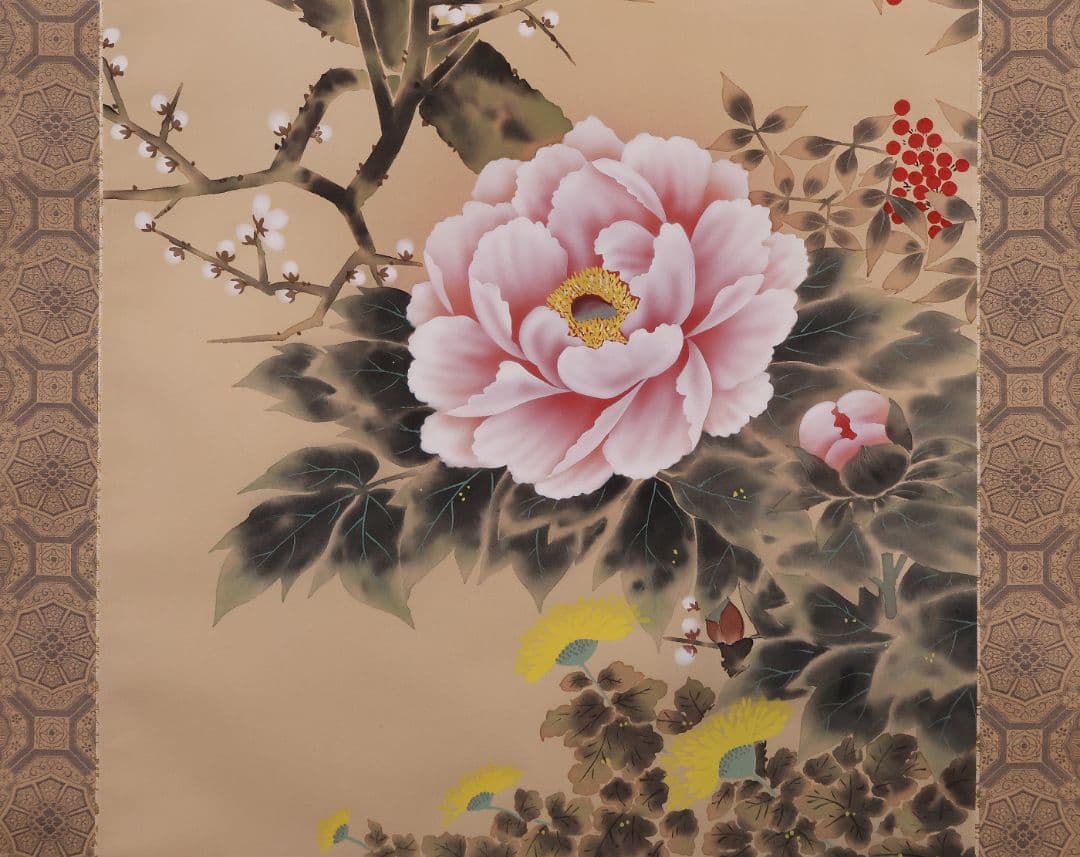 模写】日本画 光翠 四季花 絹本 掛軸 彩色 草花 MA986