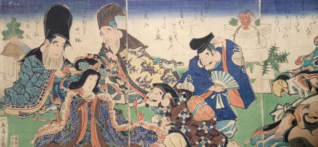 浮世絵 版画福神春遊ひの圖三枚綴り 落合芳幾画、万延元年（1860)出版