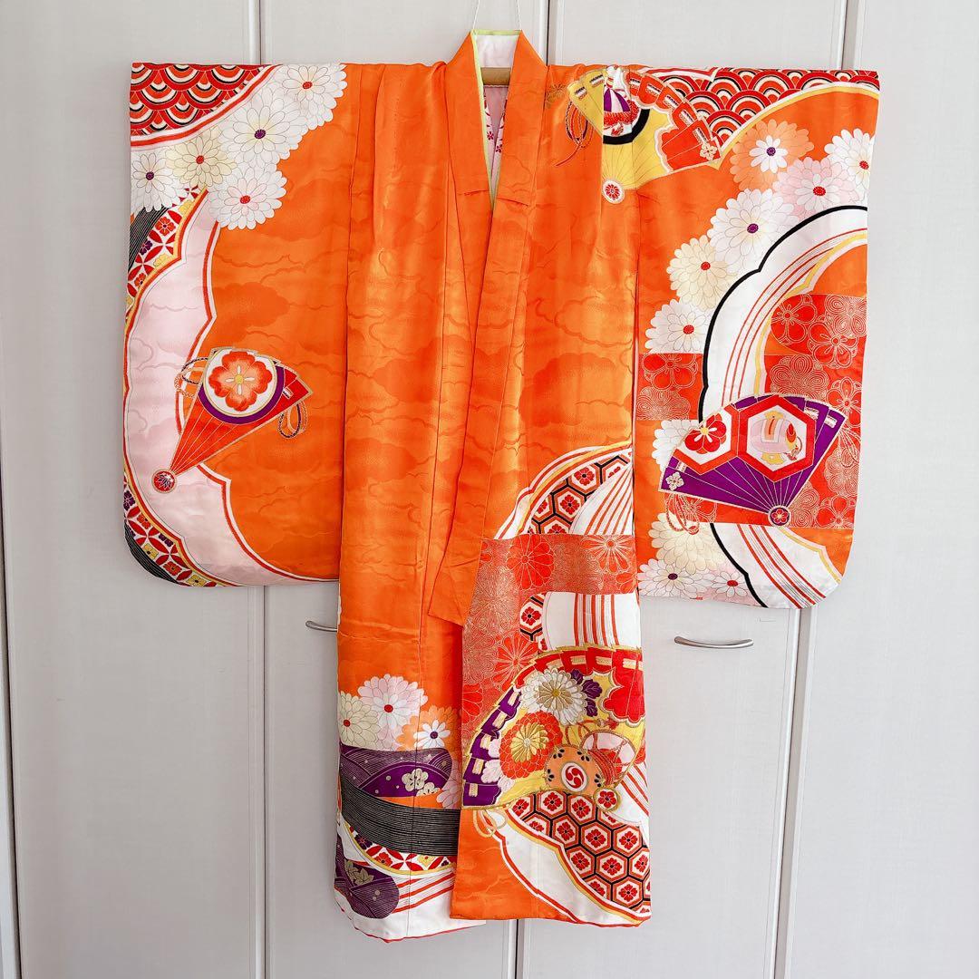 七五三　7歳　四つ身　子供着物　作り帯　女の子　長襦袢　フルセット　オレンジ
