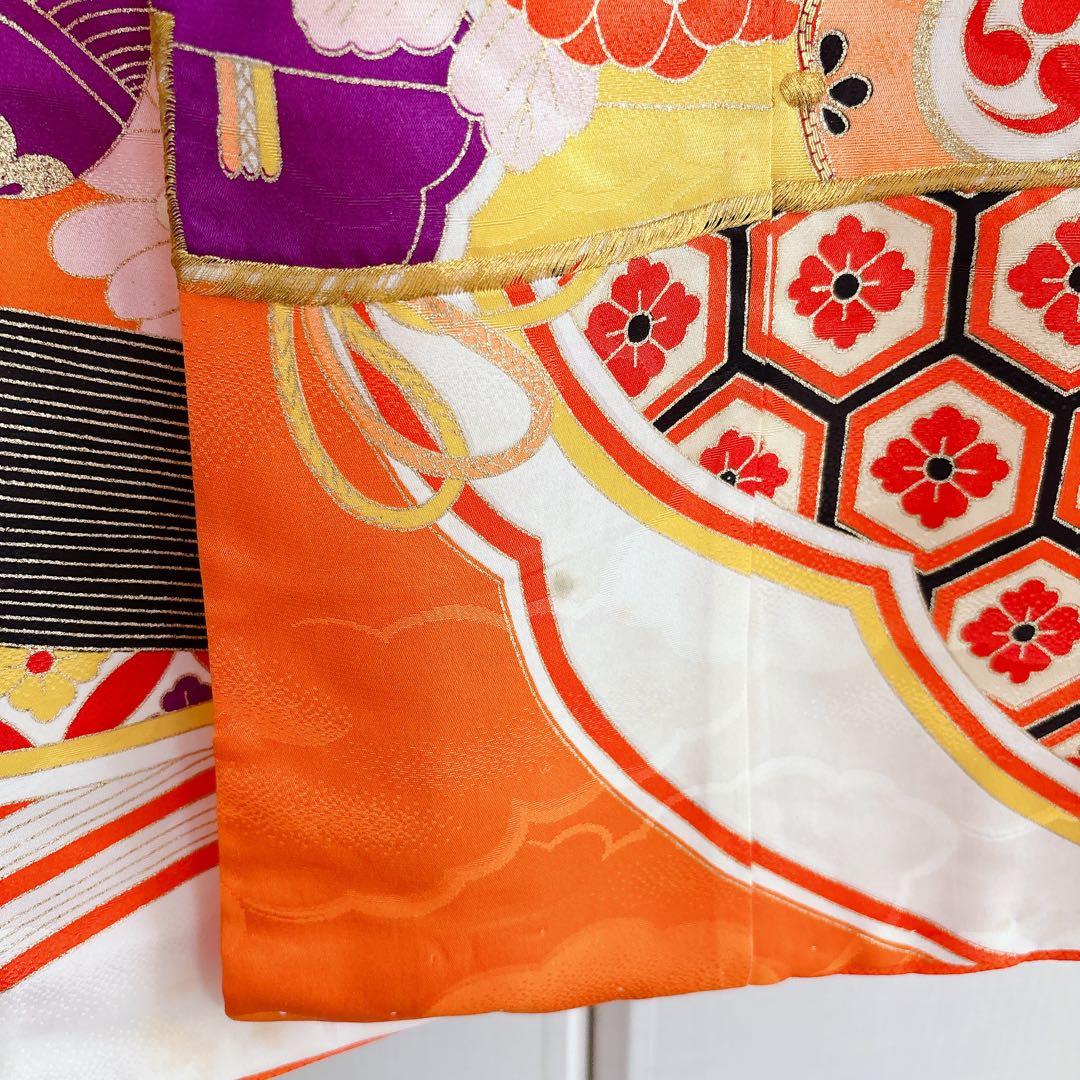 七五三　7歳　四つ身　子供着物　作り帯　女の子　長襦袢　フルセット　オレンジ