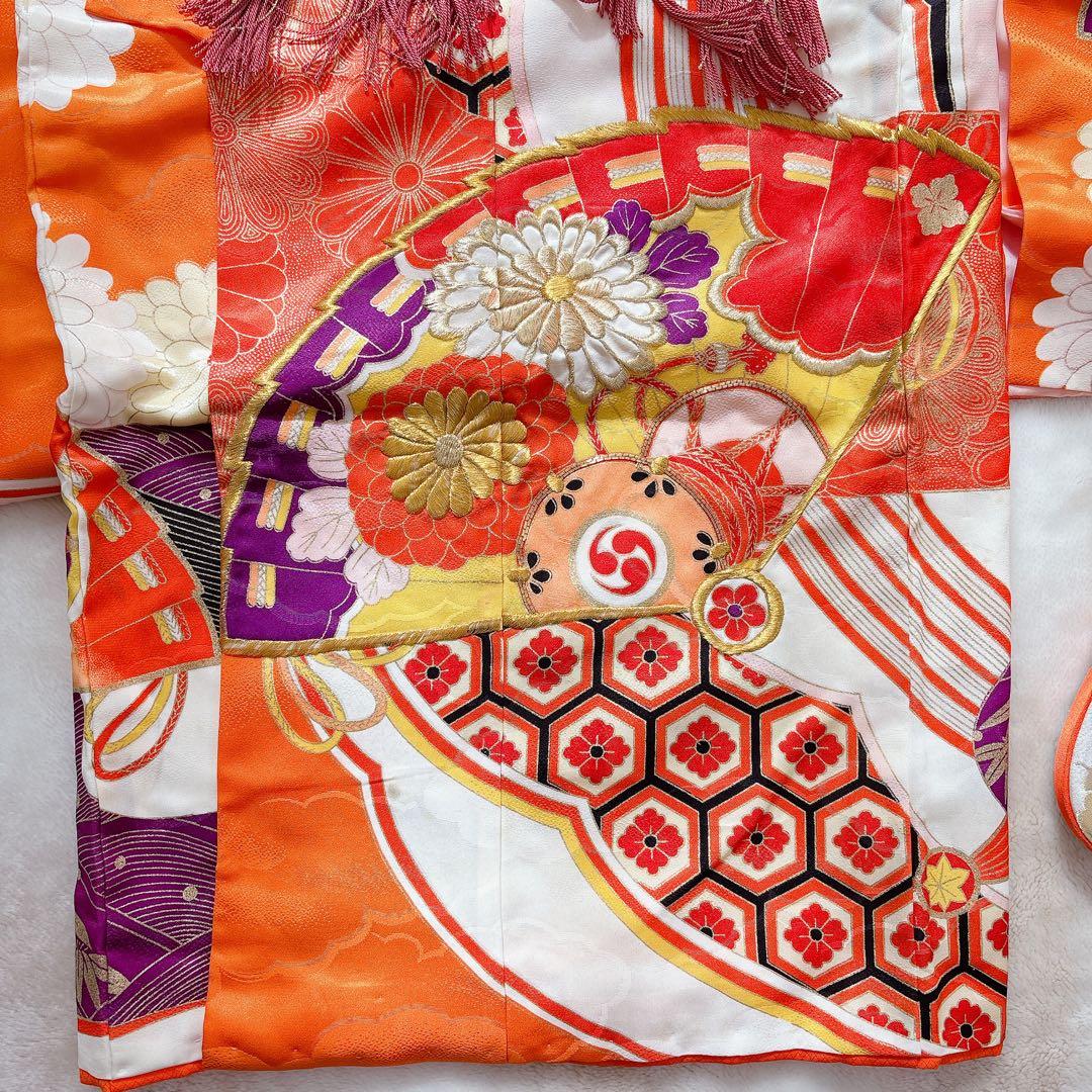 七五三　7歳　四つ身　子供着物　作り帯　女の子　長襦袢　フルセット　オレンジ