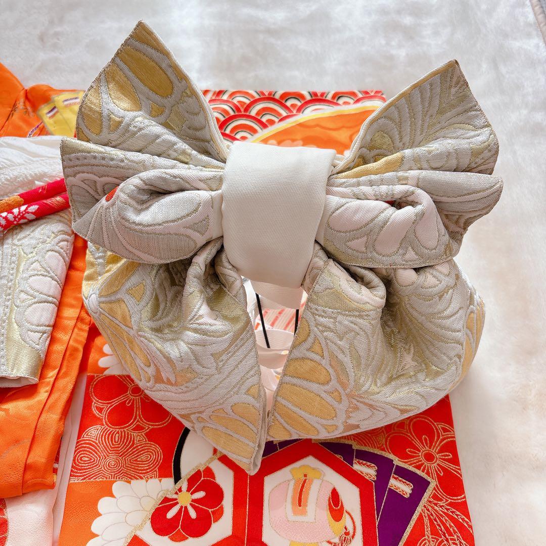七五三　7歳　四つ身　子供着物　作り帯　女の子　長襦袢　フルセット　オレンジ