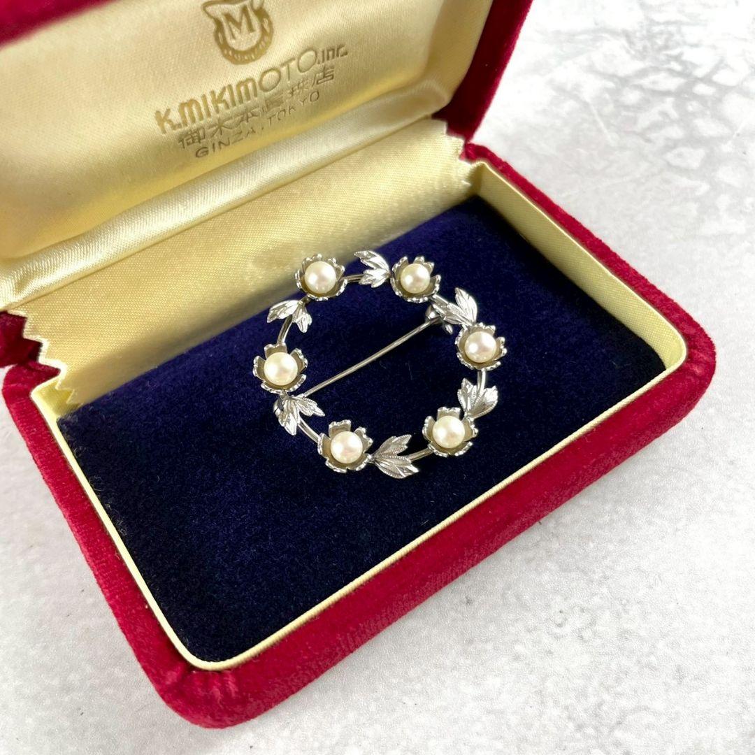 MIKIMOTO ミキモト ブローチ パール リース型 本真珠 箱付き SVの通販
