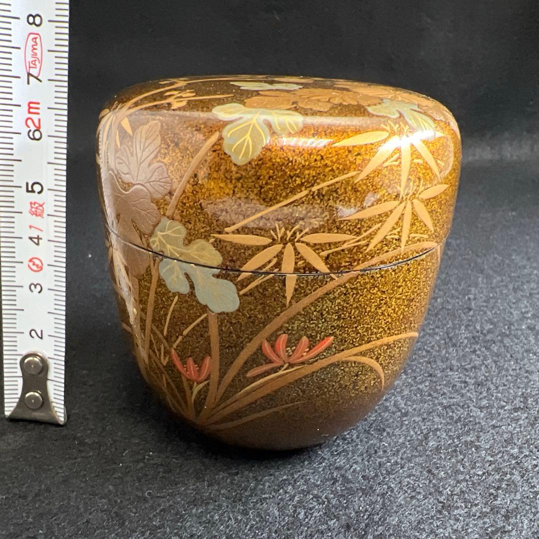 輪島塗 山下春甫造 梨地四君子蒔絵中棗 共箱 高さ約7㎝ 東Y8-0106☆2F