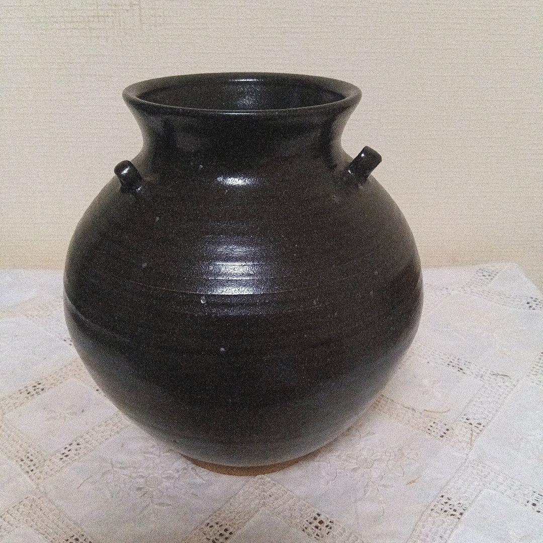 壺 富士五湖焼 五湖窯 黒釉 大型 木箱入り 栞り付き