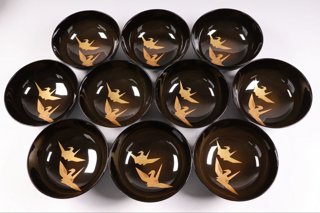 MB179】金沢塗師 久世双〇 熨斗と折り鶴 金蒔絵 吸物椀 十客 天然