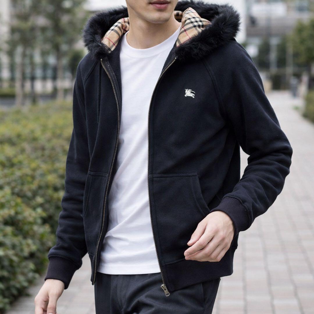 バーバリー ブラックレーベル ノバチェックフード付きジップパーカー L相当 黒