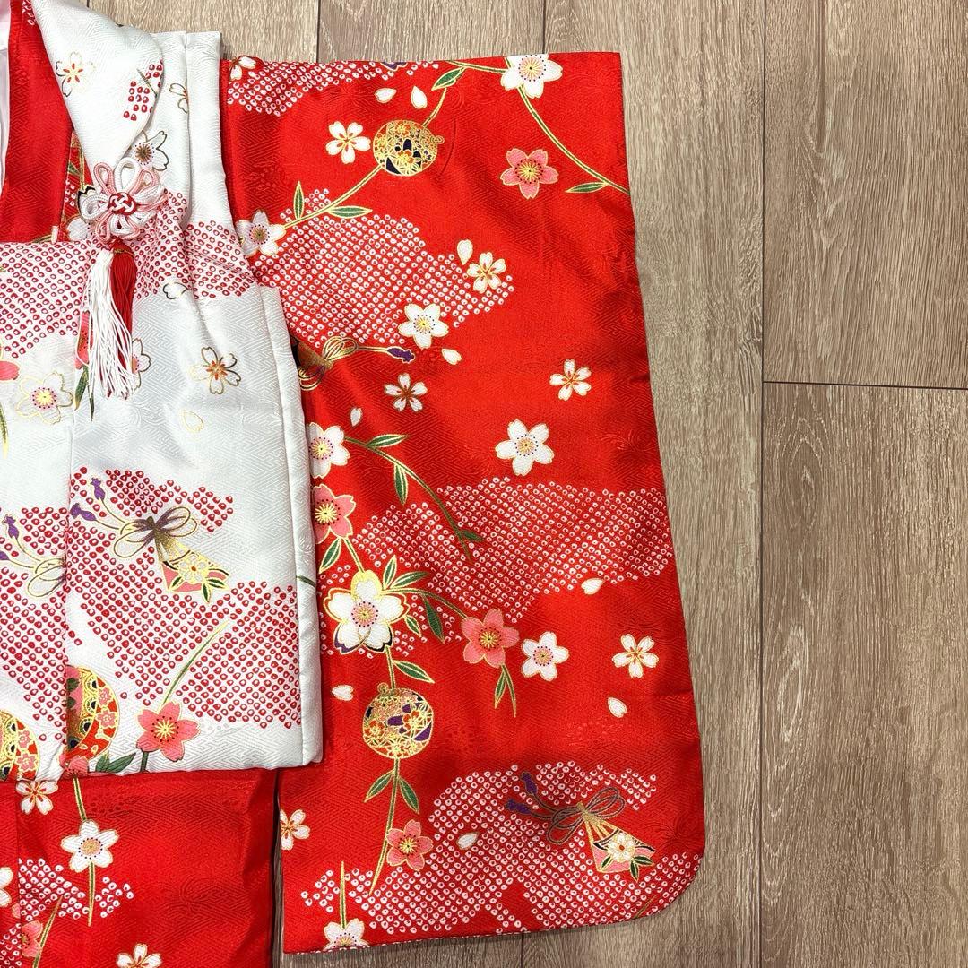 七五三女の子着物9点セット★3歳着物被布草履★赤色着物★白色被布コート★足袋巾着