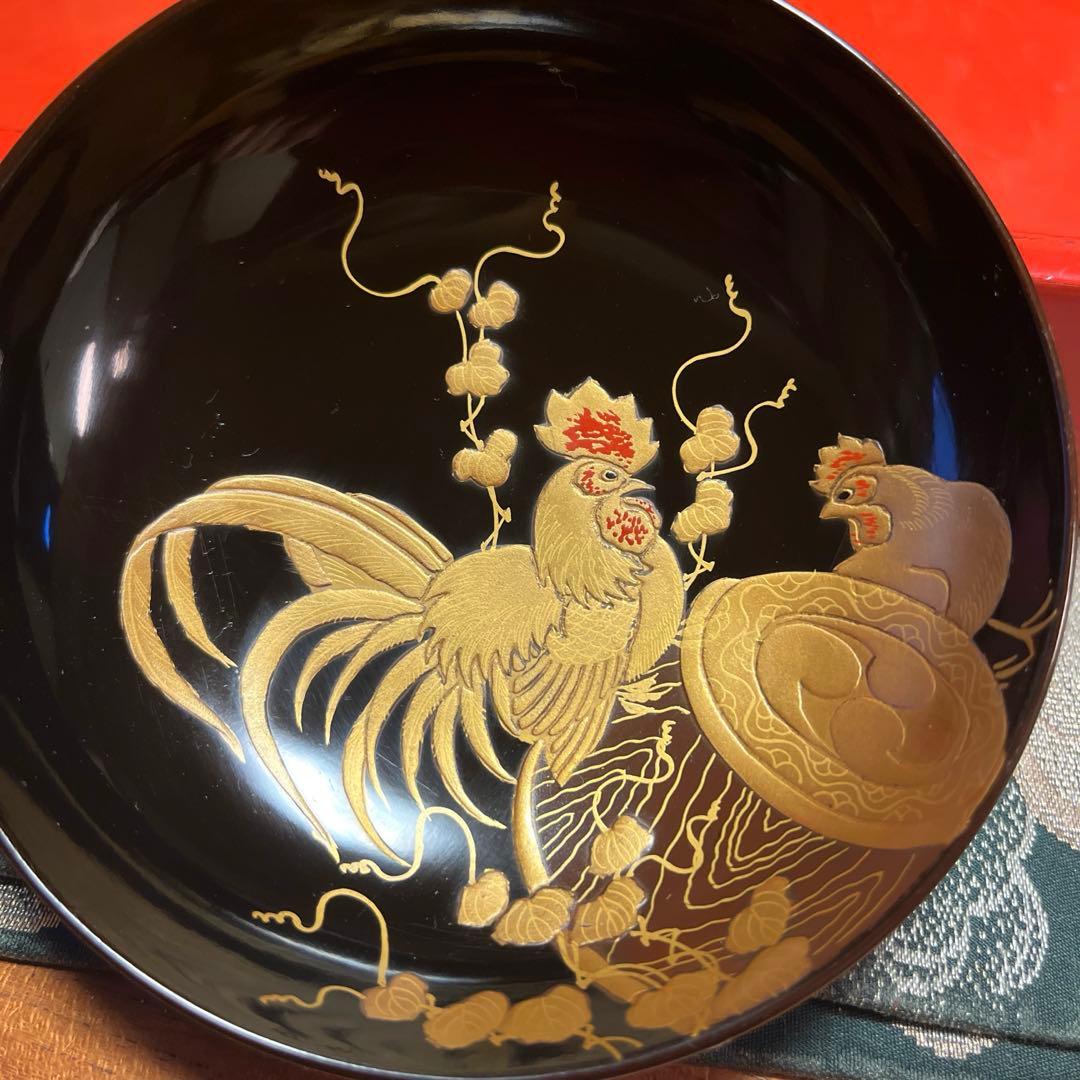 A914 木製輪島塗潤み色隠し絵蒔絵閑古鳥蒔絵鶏5客