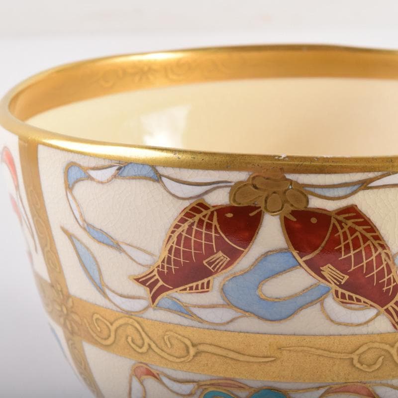 茶道具　京焼　鳴滝窯　橋本城岳作　色絵金彩　八宝文　茶碗　共箱　V　7194