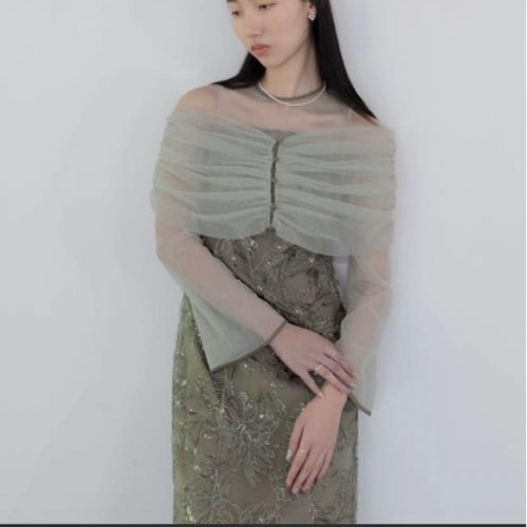 チュールオフショルダー花柄Iラインワンピースドレス結婚式パーティー二次会成人式