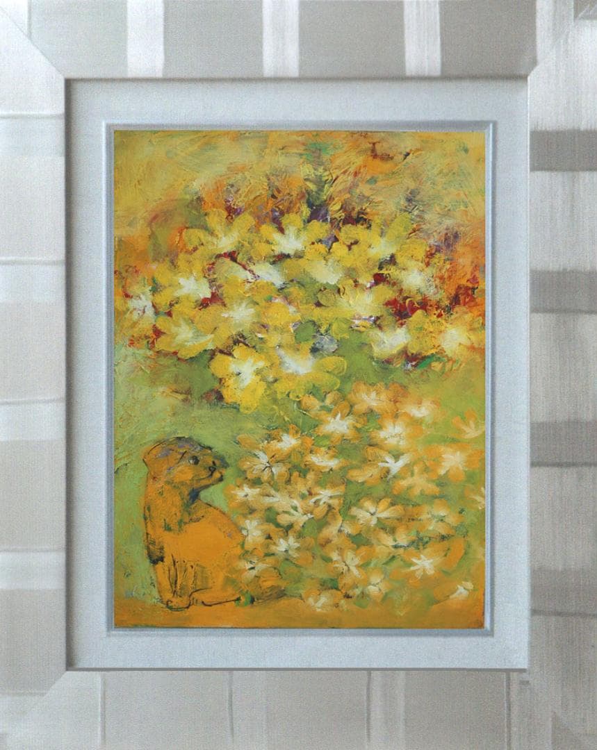 油絵 菅家令子 絵 絵画インテリア 額付(白) uF6-050220 可愛い子犬