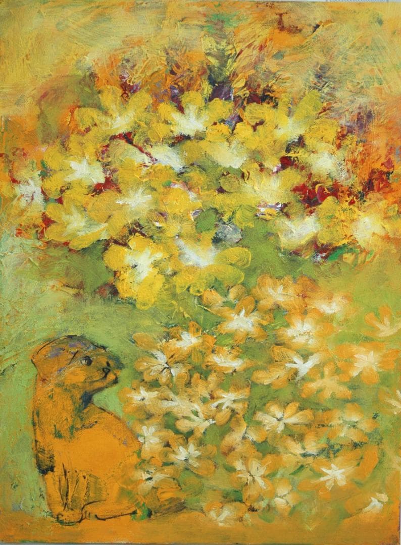 油絵 菅家令子 絵 絵画インテリア 額付(白) uF6-050220 可愛い子犬