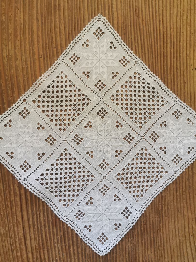 アンティークフランス購入 北欧ハーダンガー赤紅糸刺繍 ライム格子織