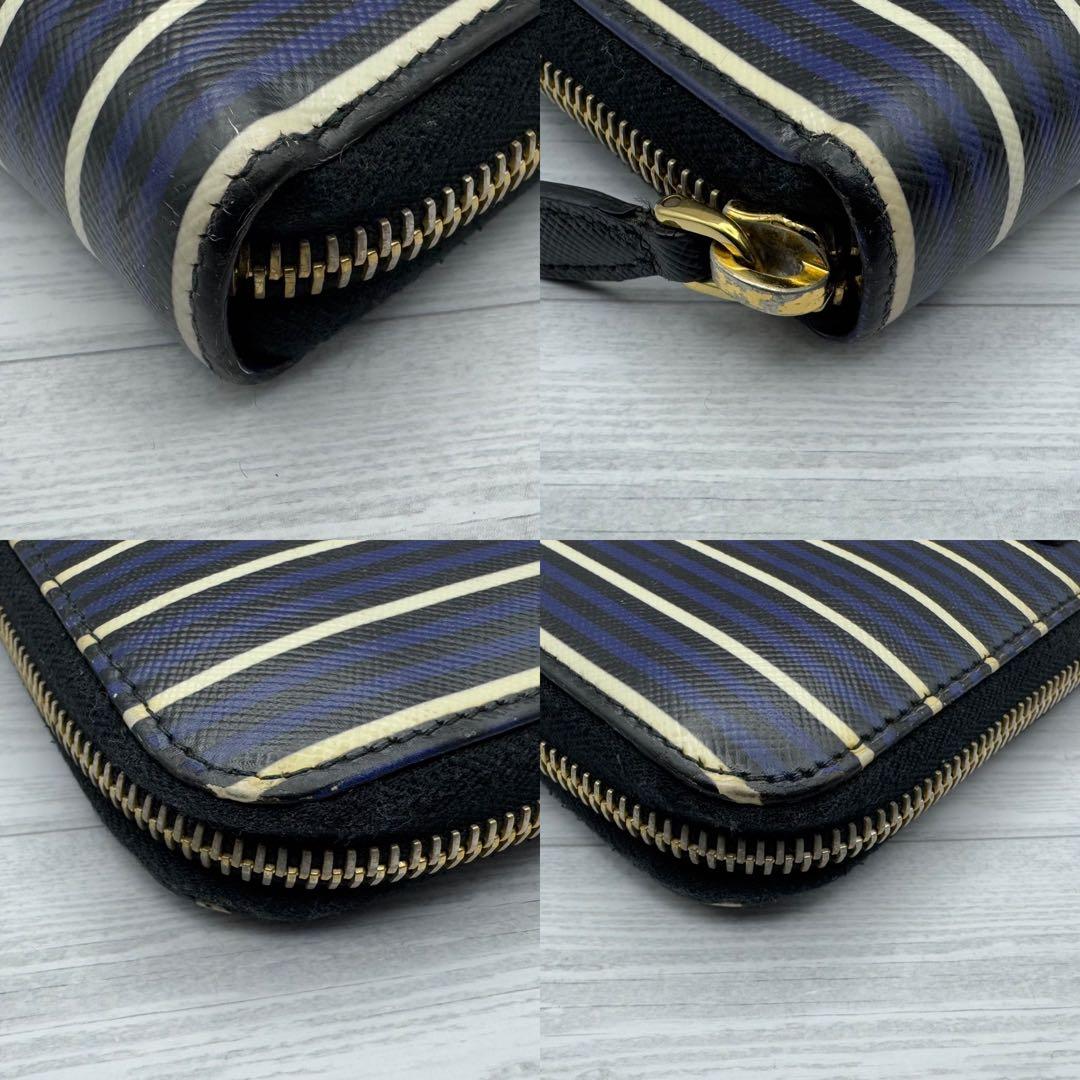 【激レア・美品】プラダ　ラウンドファスナー　三角ロゴ　サフィアーノ　ストライプ