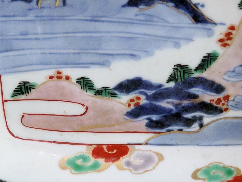 古伊万里 染錦 山水に松竹梅の図 角皿 F064AS-CQu