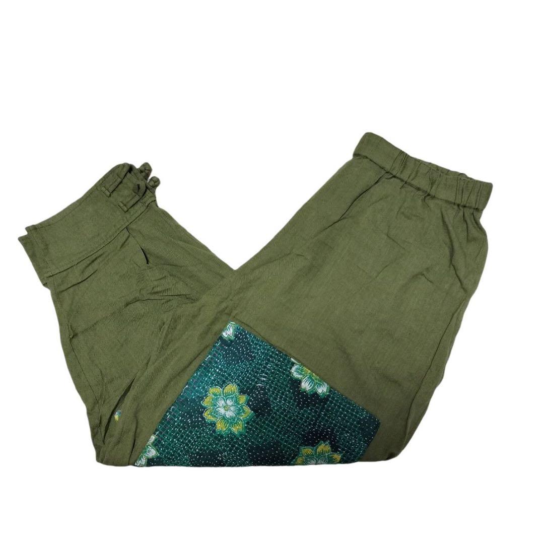 オリーブグリーン サルエルパンツ アフリカンパターン 花 刺繍 amina