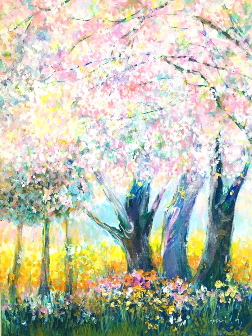 処分SALE！　春歌う桜の木　F6キャンバス アクリル画