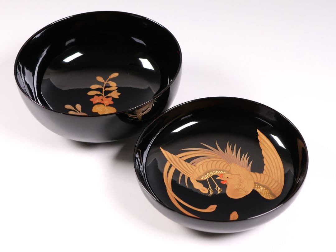 CM399】天然木漆塗 菊桐鳳凰金蒔絵 黒塗 煮物椀 1客