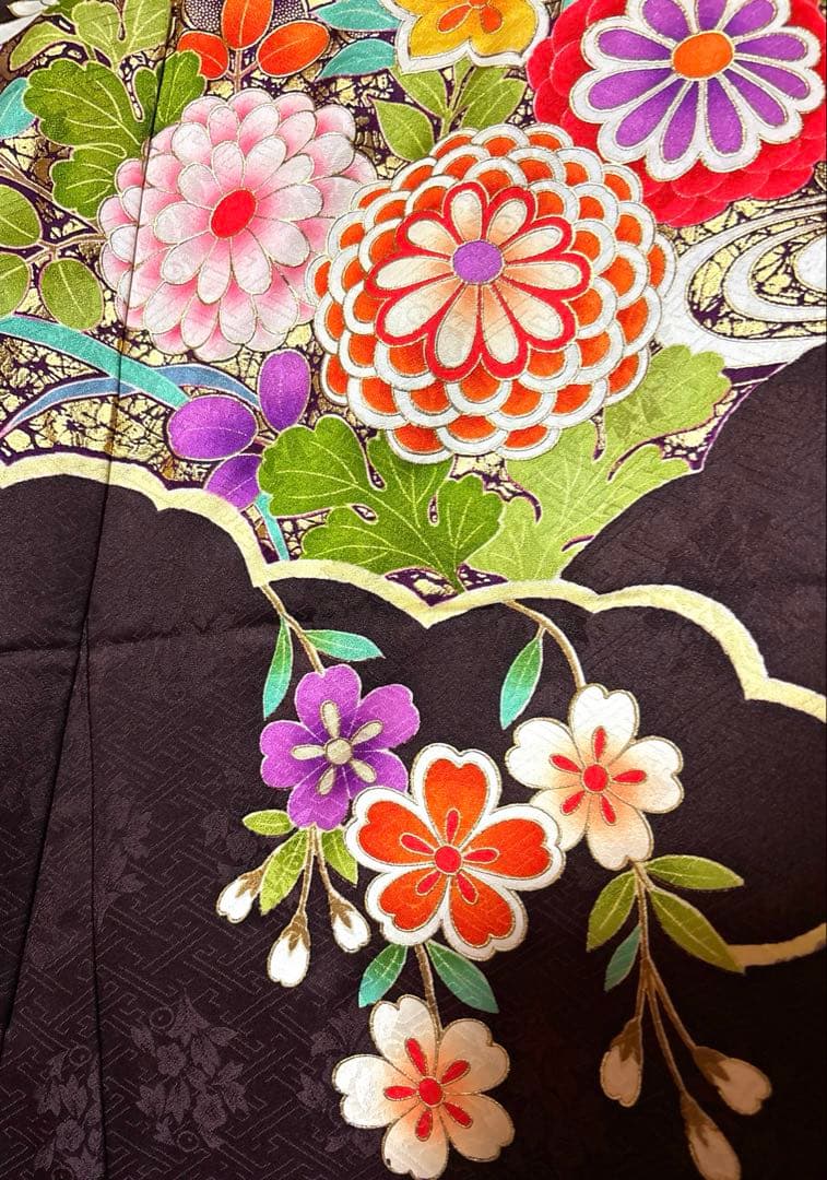 黒鳶色 吉祥花柄 振袖 身丈165 レディース