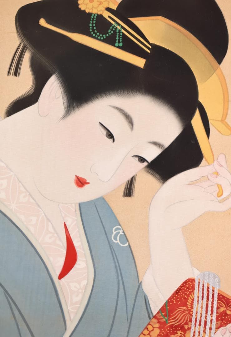 模写】BJ213伊東深水『 手鏡 』 共シール額装日本画美人画8号