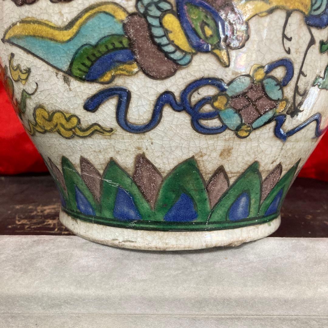 中国 色絵 三耳壺 鳳凰図