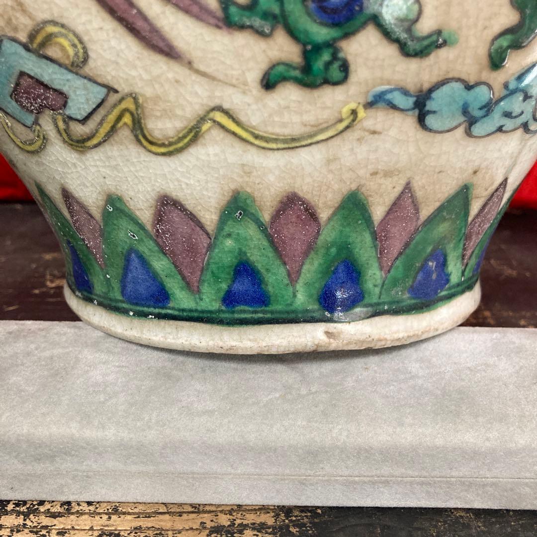 中国 色絵 三耳壺 鳳凰図