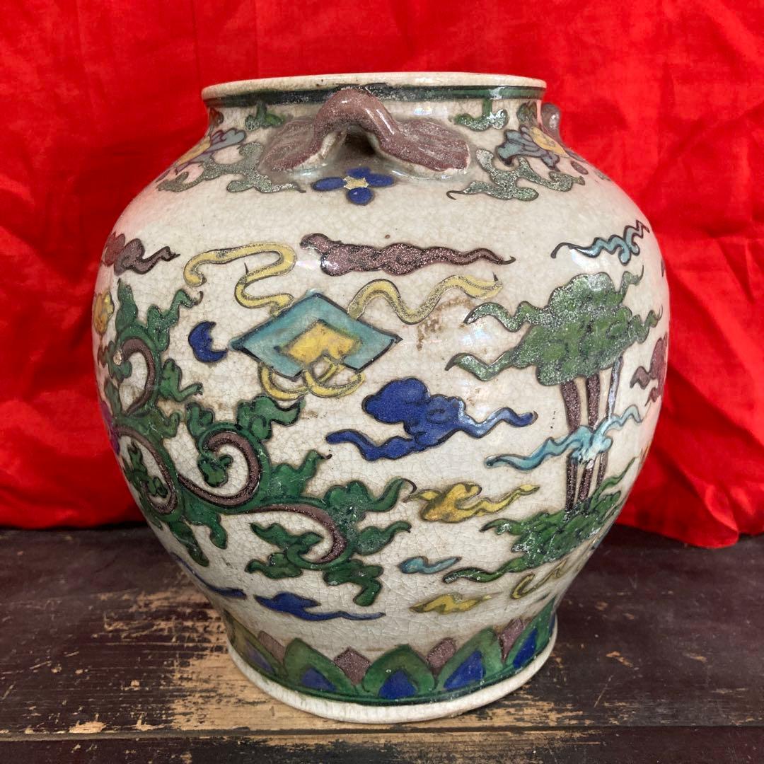 中国 色絵 三耳壺 鳳凰図