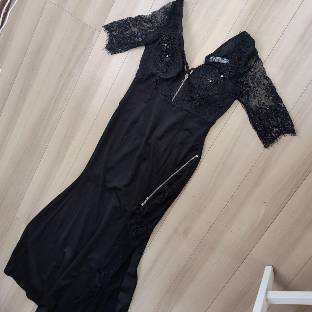 新品ブラックレース袖スリットドレス