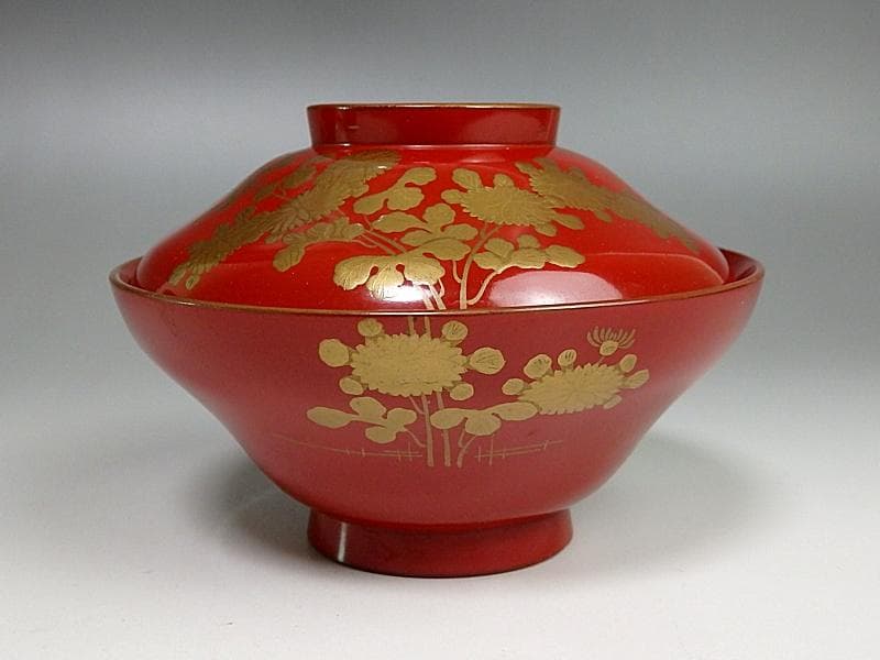 金蒔絵　 小菊の図　 朱塗吸物椀　木製品　６客　A- GGm