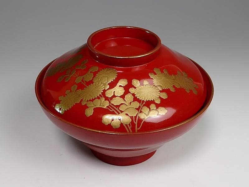 金蒔絵　 小菊の図　 朱塗吸物椀　木製品　６客　A- GGm