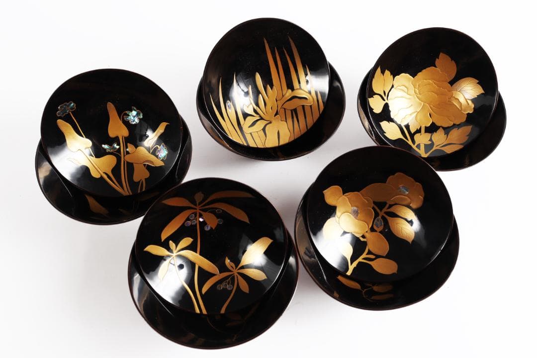 糸目 内梨地 螺鈿 花 図替 吸物椀 五客 蒔絵椀 懐石道具③