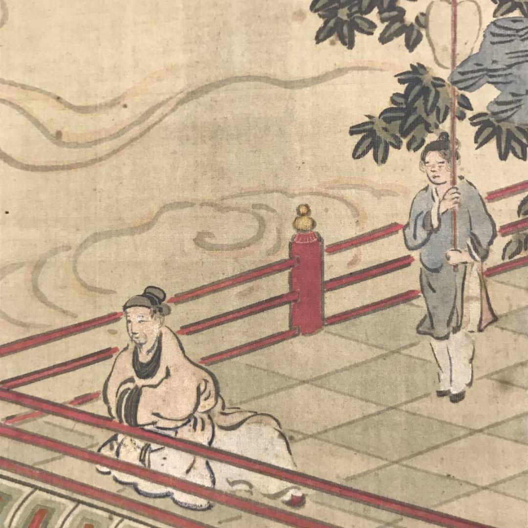 【真作】晃文/青緑山水人物図/大正時代/高士人物図/掛軸☆宝船☆AD-495