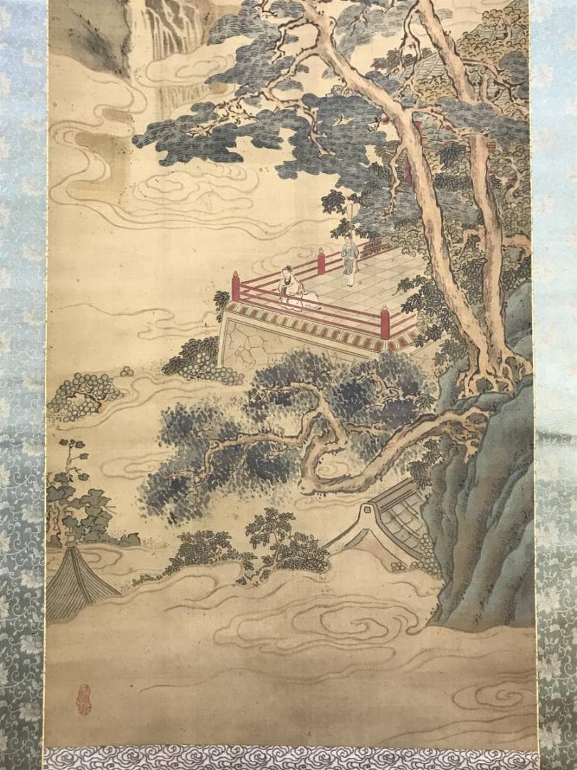 【真作】晃文/青緑山水人物図/大正時代/高士人物図/掛軸☆宝船☆AD-495