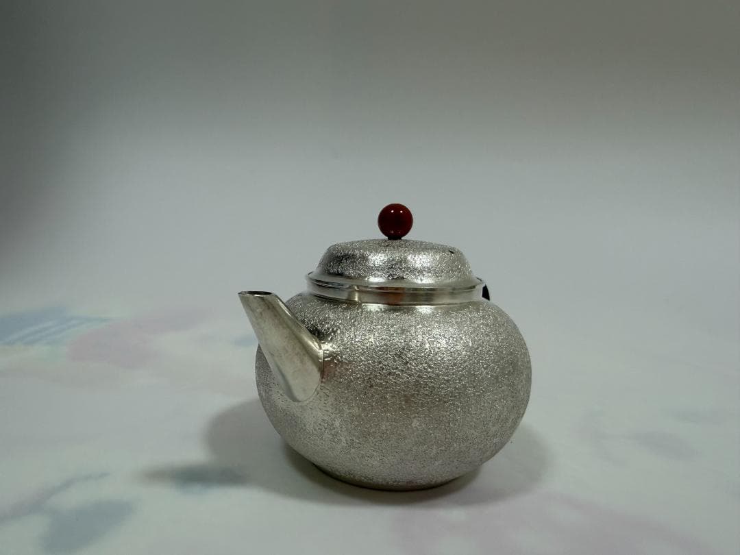 純銀製 葉文様 玉石摘 急須 銀瓶 煎茶道具