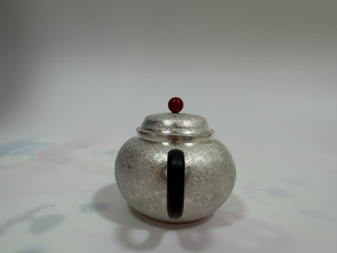 純銀製 葉文様 玉石摘 急須 銀瓶 煎茶道具