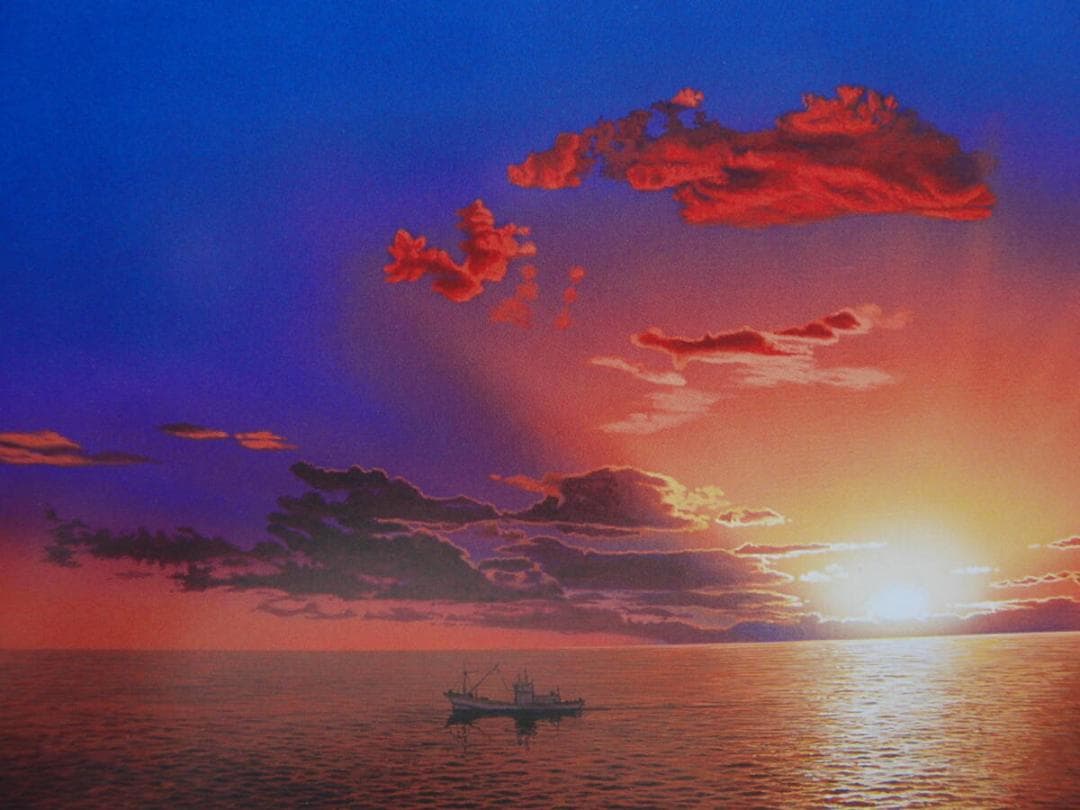 塩田 満男「黎明」、人気作品、希少画集・額装画、新品国産額にて額装付