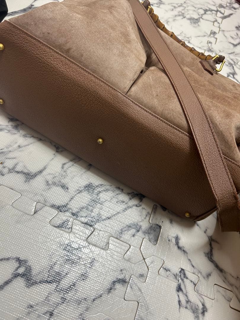 GUCCI　バンブーハンドルモスグリーン スエード レザートートバッグ