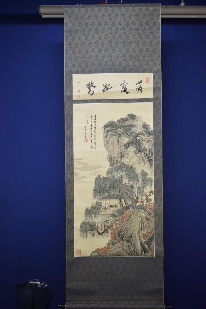 模写/唐寅/青緑山水人物図/布袋屋掛軸HG-660