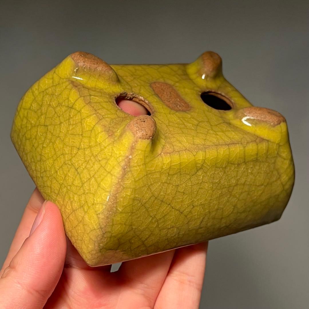 814.暁雲 黄貫入釉長方 盆栽鉢 植木鉢 10.1*7.9*5cm