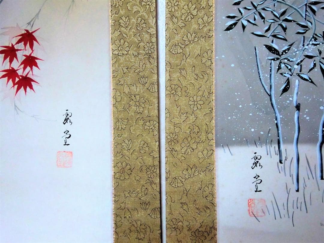 掛軸2本組 ◇「四季花鳥～秋冬」◇ 肉筆日本画