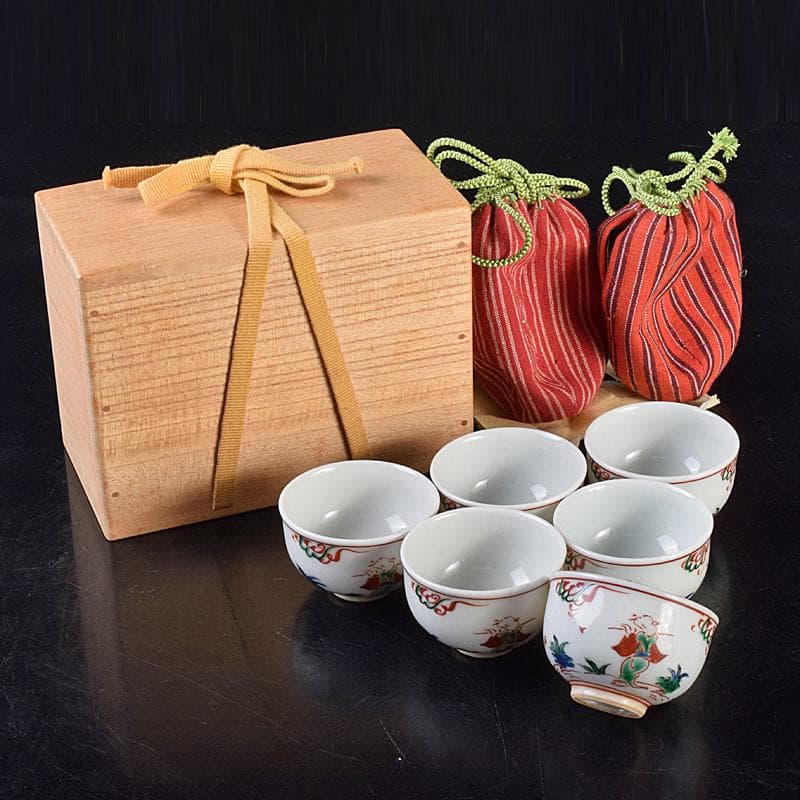 煎茶道具　九谷焼　赤絵　人物文　煎茶碗　六客　仕覆・時代箱付　M　R7559 煎茶道具 九谷焼 赤絵 人物文 煎茶碗 六客 仕覆・時代箱付 M R7559