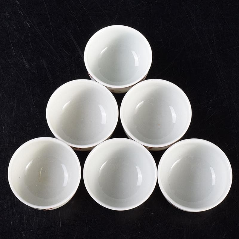 煎茶道具　九谷焼　赤絵　人物文　煎茶碗　六客　仕覆・時代箱付　M　R7559