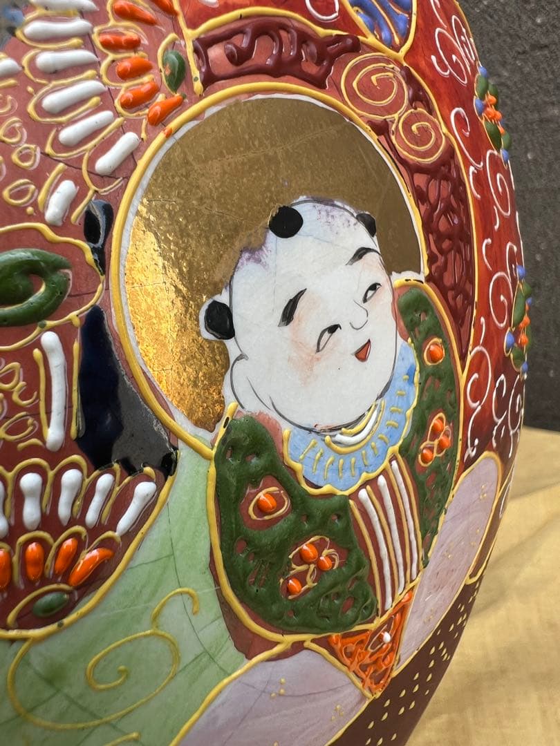 時代 珍品 薩摩焼 福神図飾壺 時代物 薩摩 壺 花器 花瓶 床置き