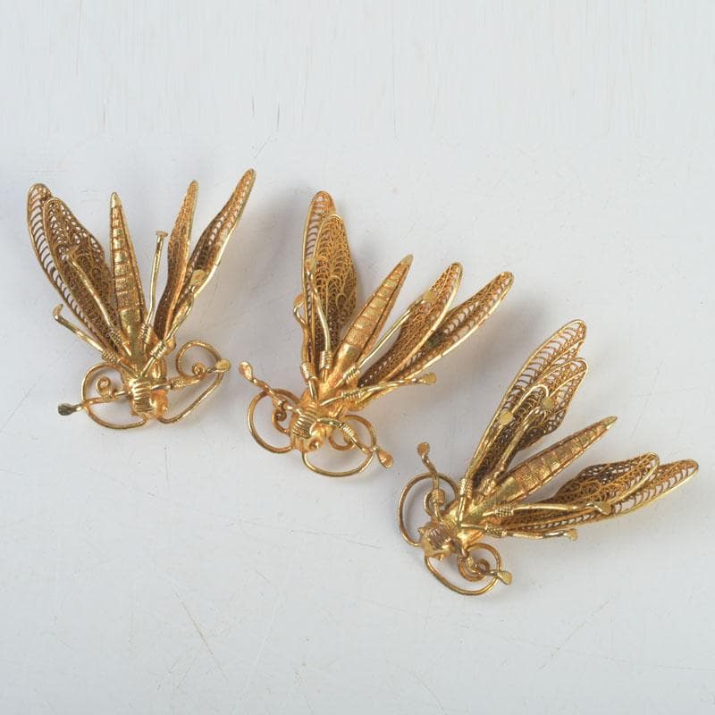 古銅鍍金 玉石装飾 蜻蛉など 昆虫 置物 4点まとめて V 9552