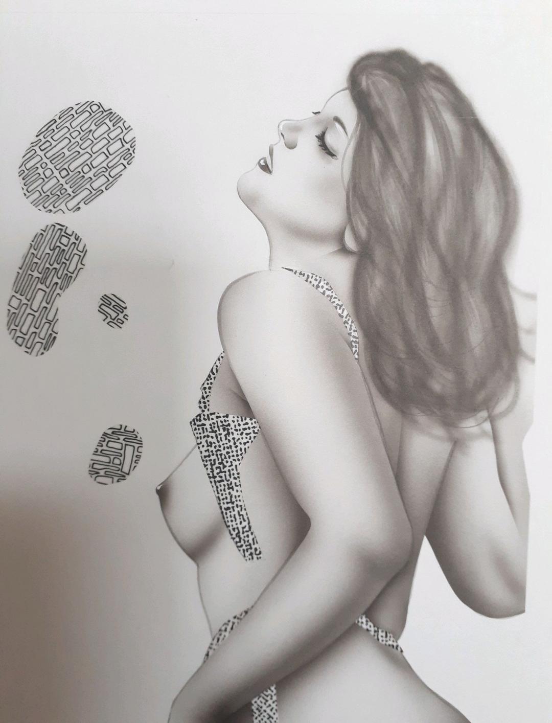 作者不明　女性像　上紙貼り付け仕上げ　SM　額装