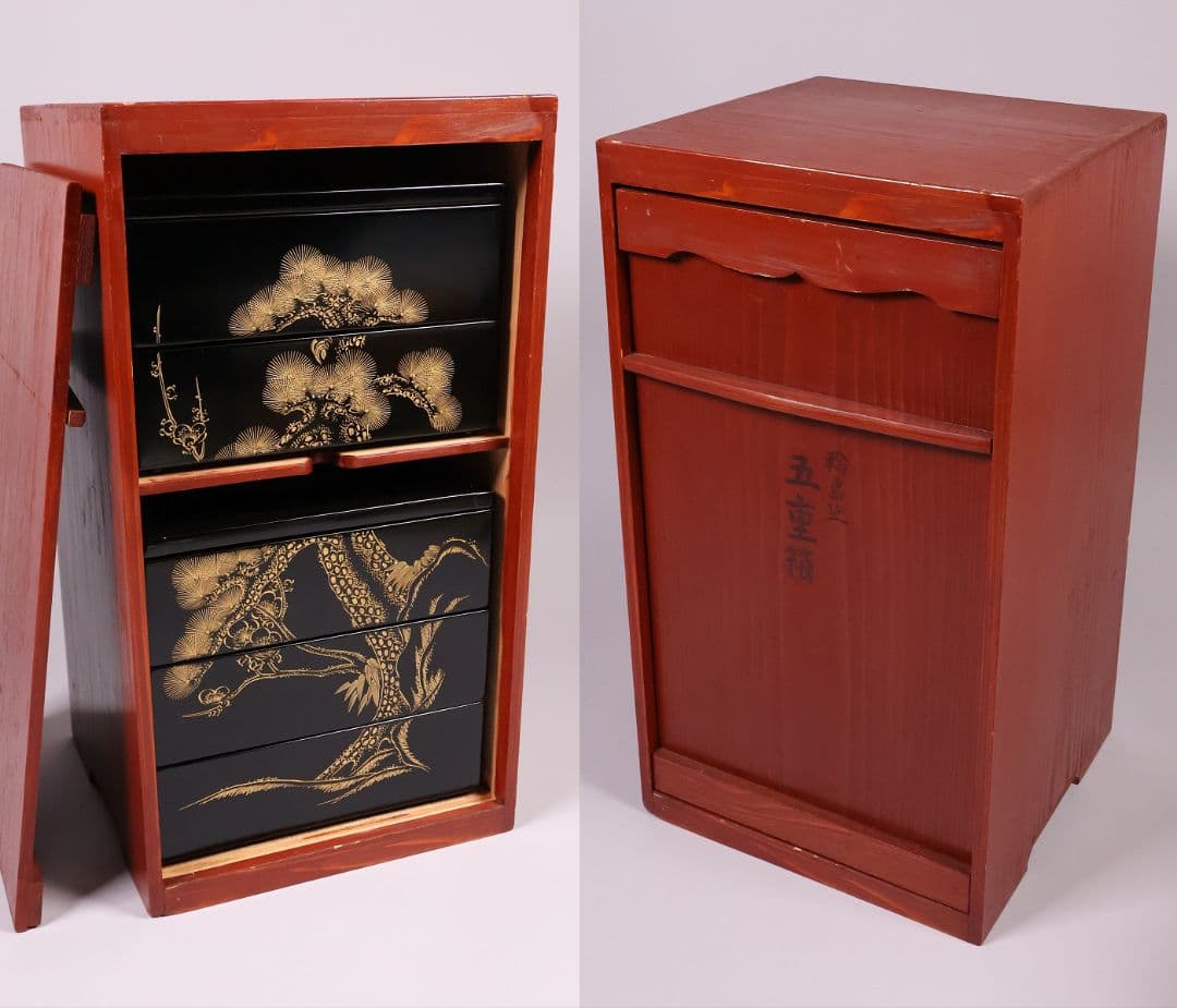 輪島塗 森漆器店 沈金 丸に蔦家紋 松竹梅 五段重箱 黒 朱 木製【MB57