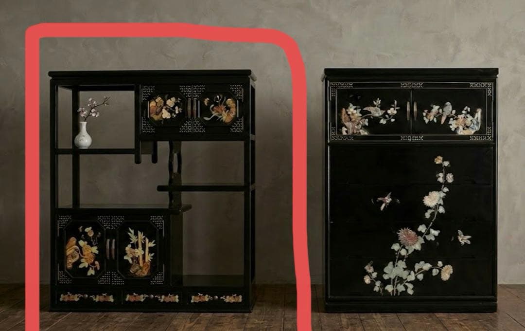 黒塗 螺鈿箪笥 飾り棚 玉石木製箪笥 花鳥模様