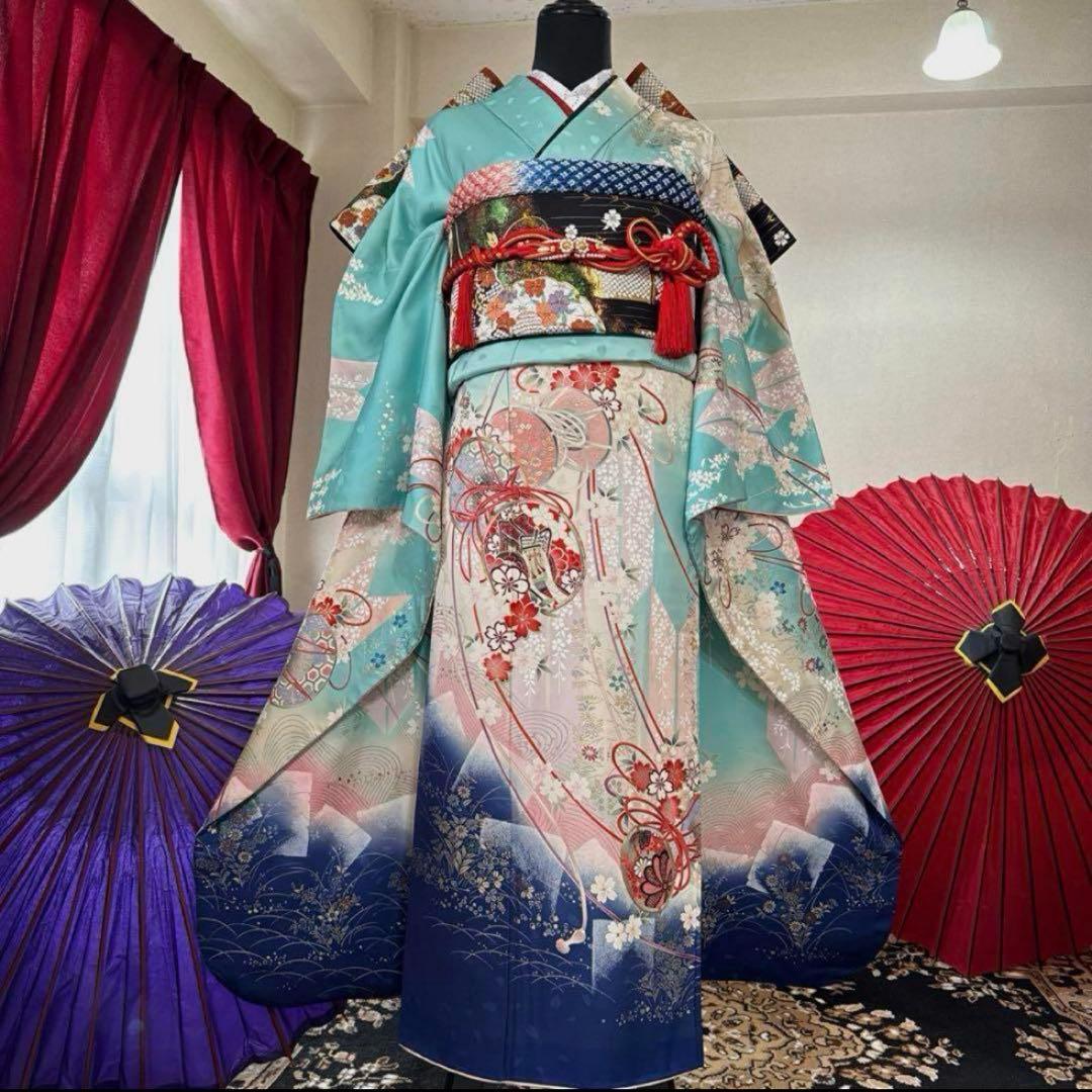 振袖フルセット6点サイズM〜L相良刺繍 振袖 流水花文 暈