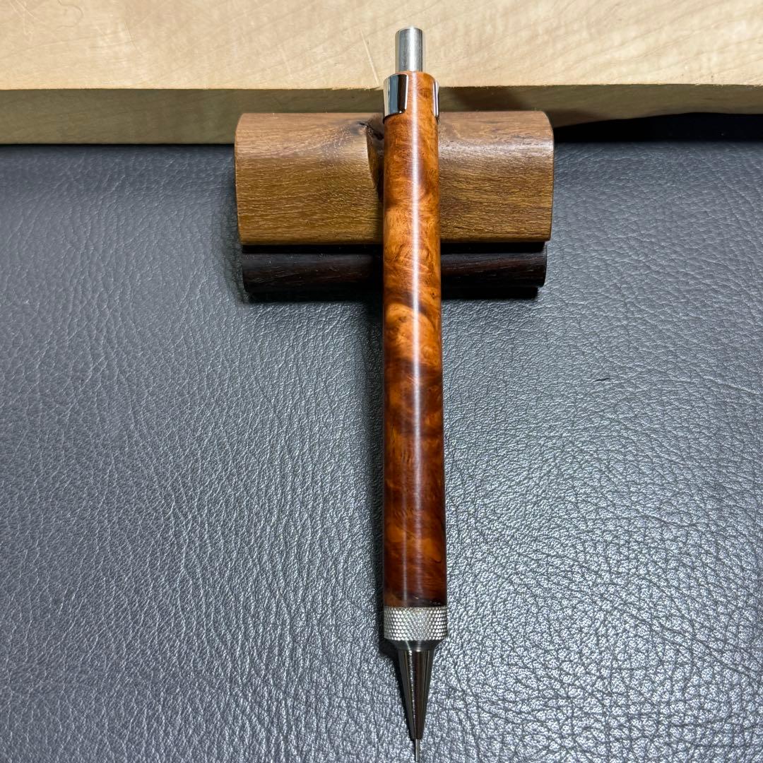 125花梨瘤濃色源平柄　木製シャーペン　強低重心R ステンレスローレット